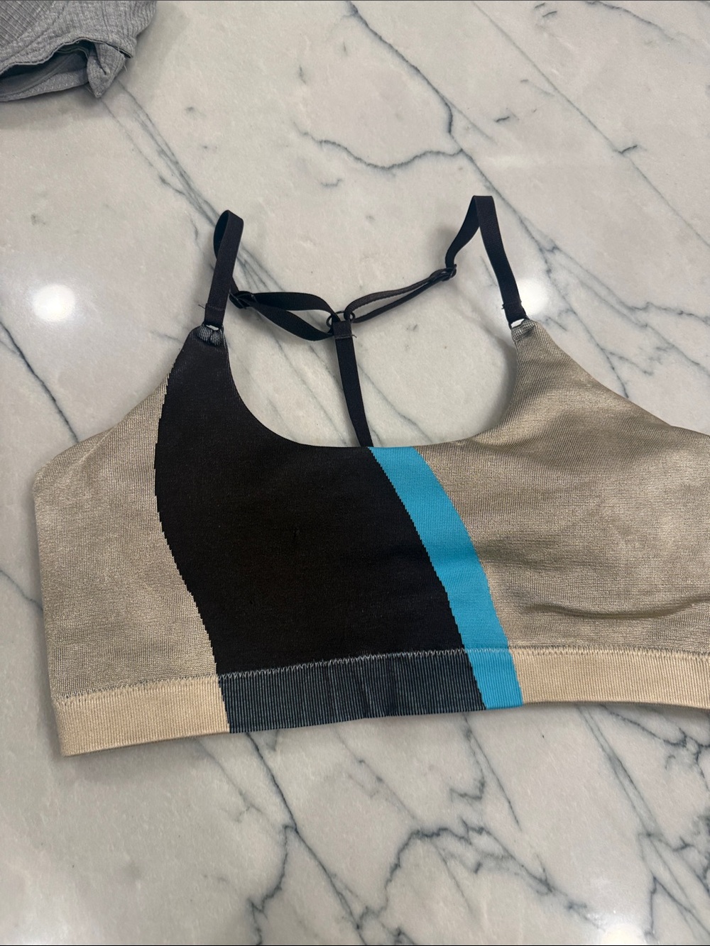 Fabletics Beige, Black & Blue Colorblock Sports Bra
